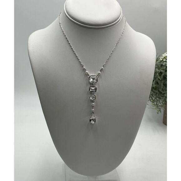 Givenchy Vintage Silver Tone Sparkling Rhinestone Faux Pearl Y Drop Necklace - Picture 1 of 14